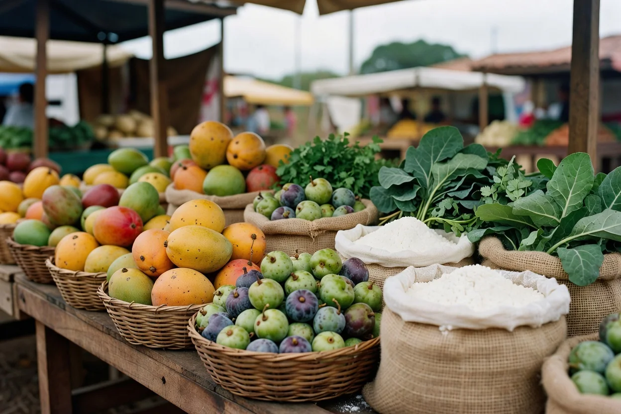 Banca de feira livre com cestas de frutas e verduras do interior da Bahia
