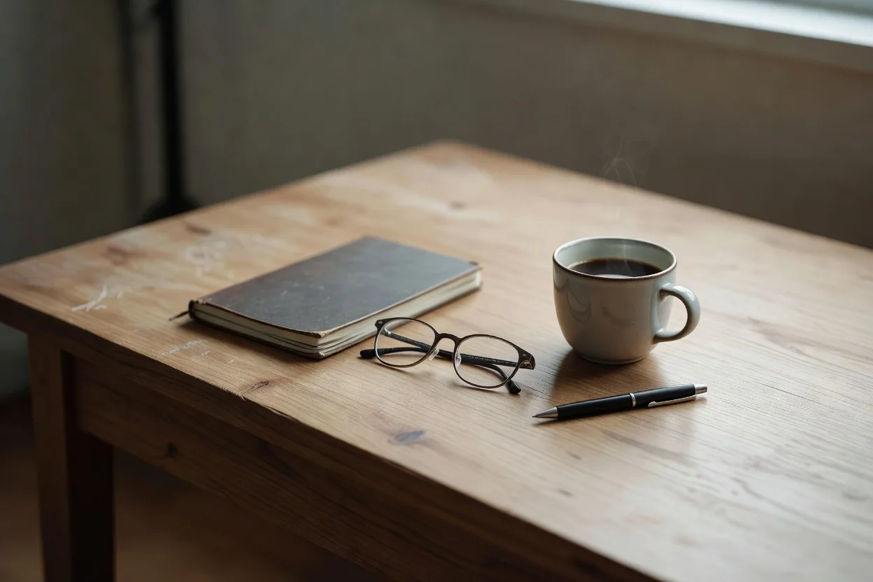 Mesa com celular de tela apagada, documentos virados para baixo, caneta e caderno fechado