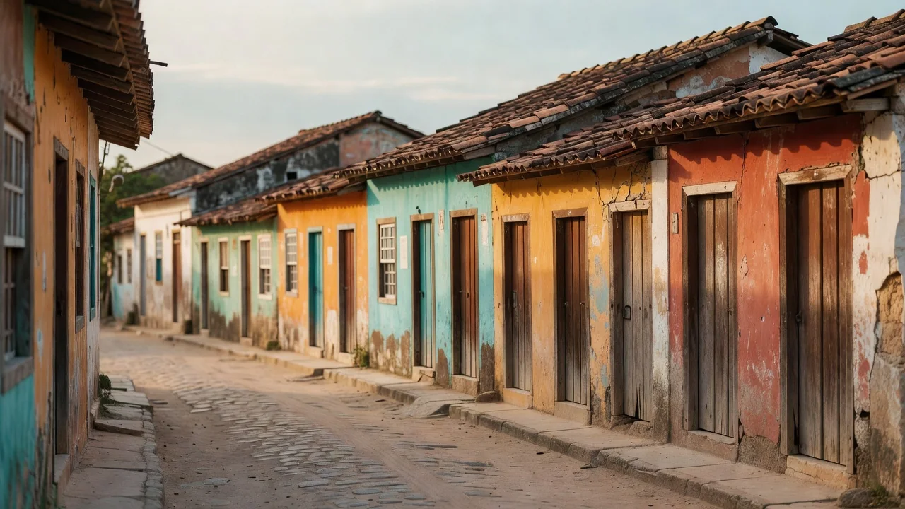 Rua de casario antigo de cidade do interior baiano, com fachadas coloridas e telhados de barro