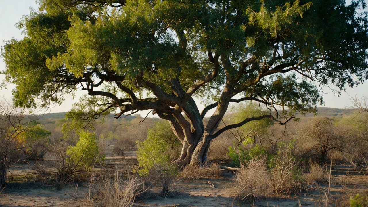 Trilha de terra na caatinga com mandacarus e arbustos ao entardecer