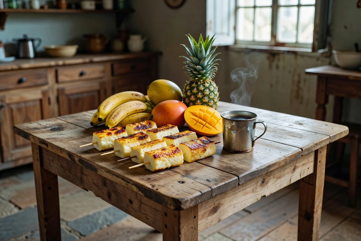 Mesa rústica de fazenda com queijo de coalho, frutas e café