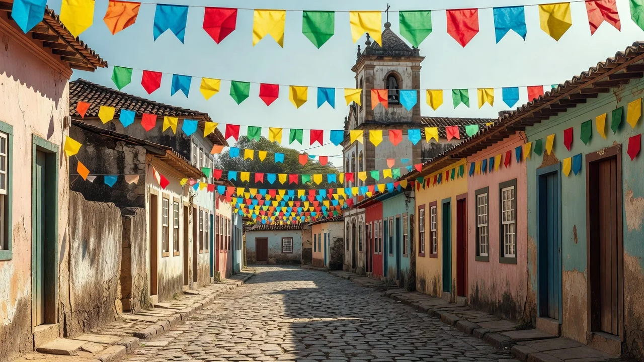 Bandeirinhas coloridas de festa popular enfeitando rua de cidade do interior, sem pessoas