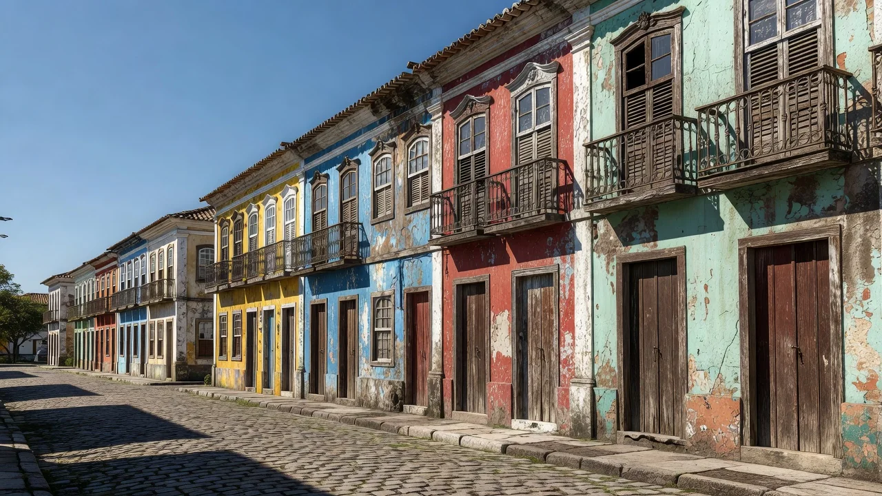Casario antigo de fachadas coloridas em cidade pequena do interior da Bahia, sem pessoas