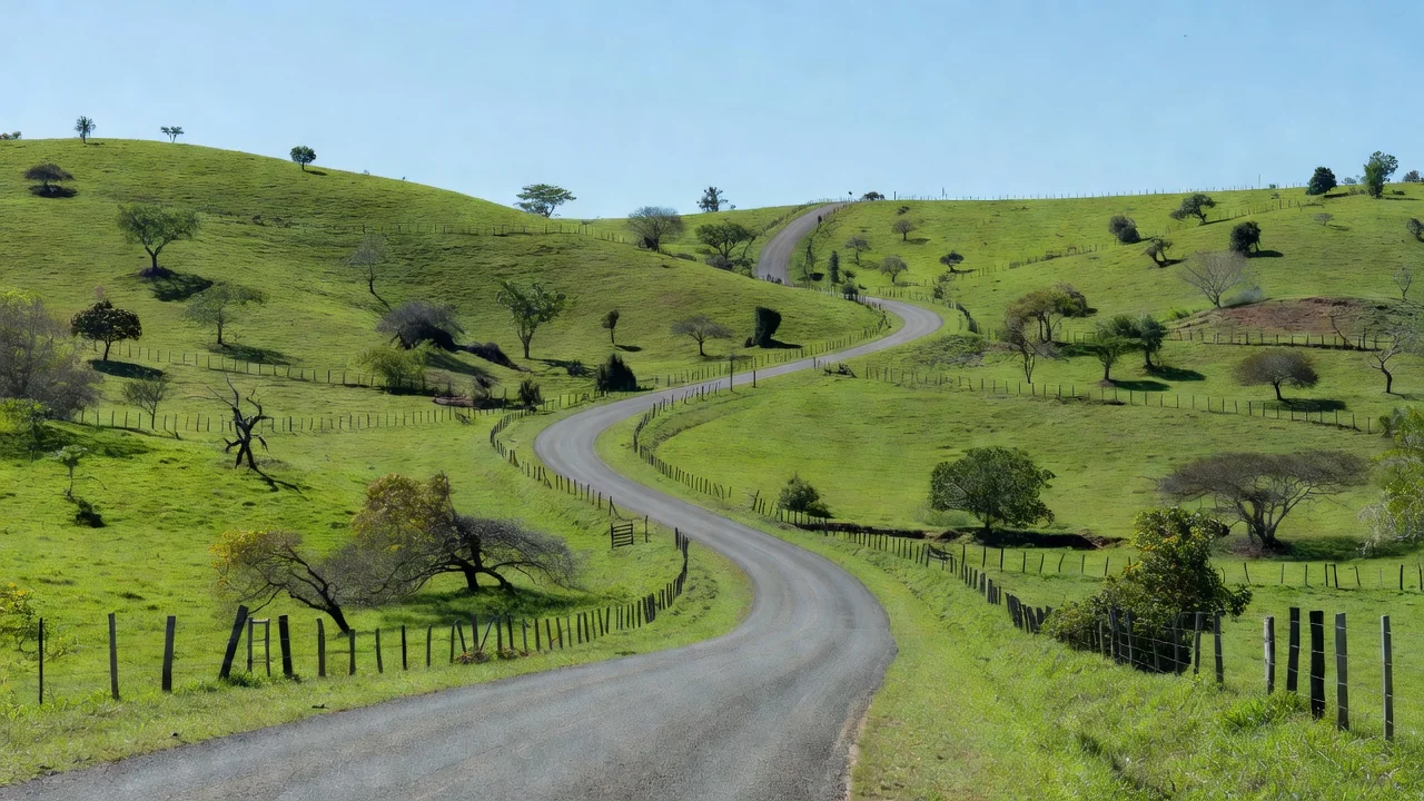 Estrada asfaltada entre colinas verdes no interior da Bahia, sem pessoas