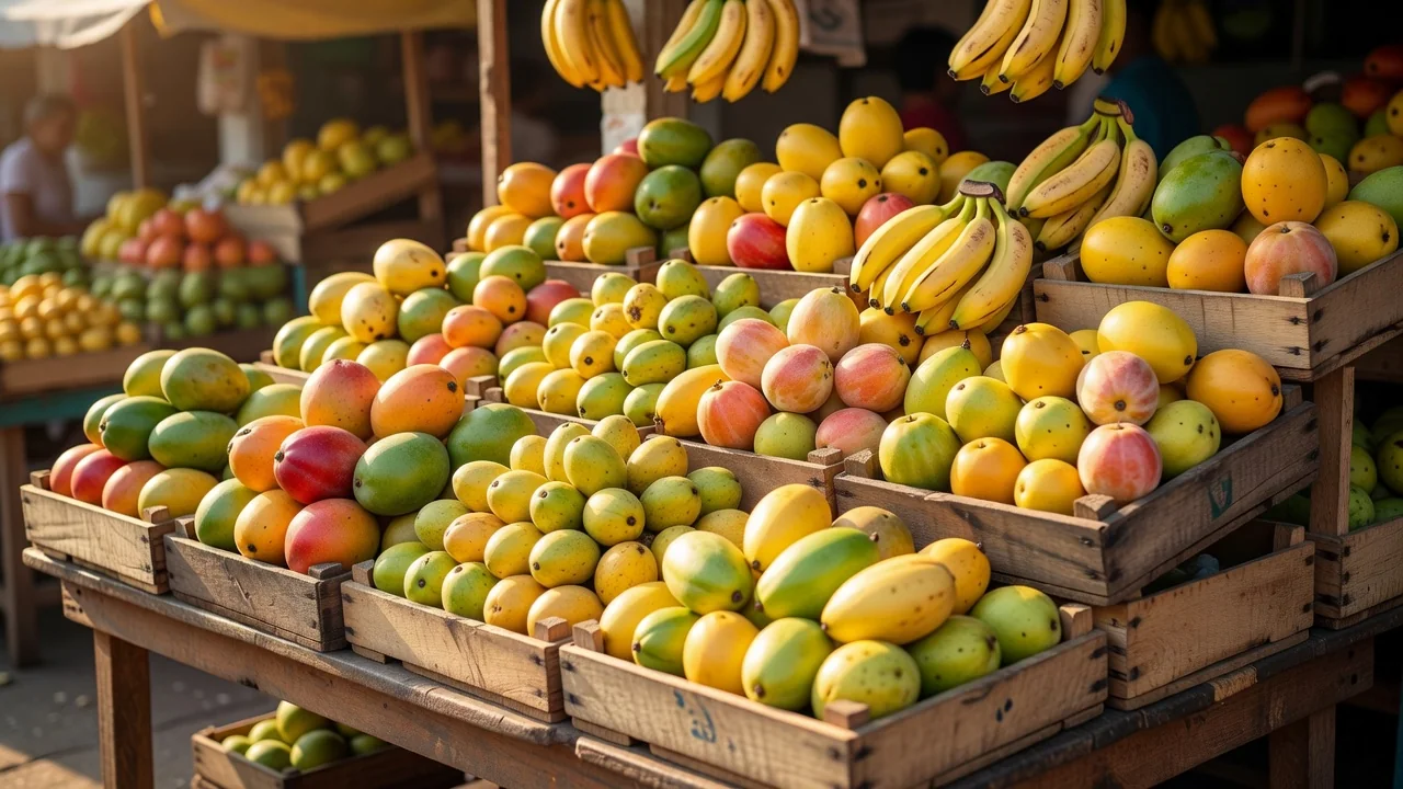 Banca de feira com frutas do Nordeste como manga, umbu e cajá, sem pessoas